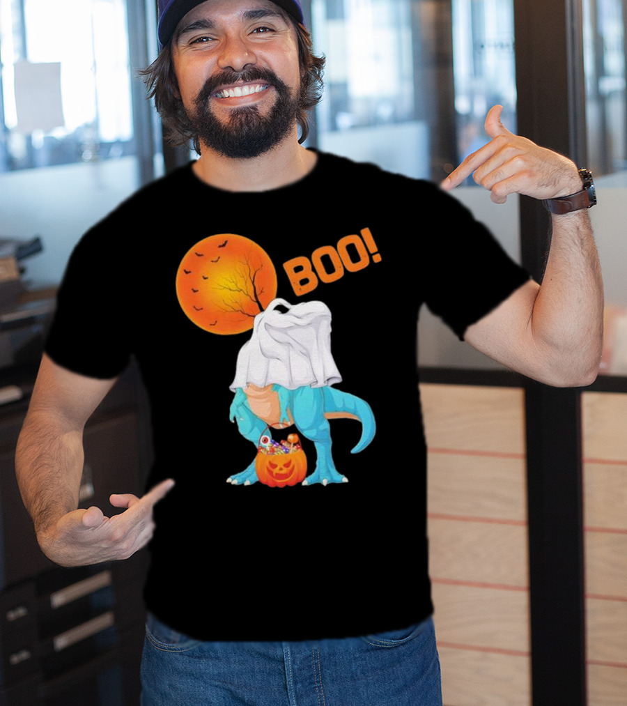 Ghost Dinosaur Rex Boo Halloween Pumpkin Boys Men T-Shirt