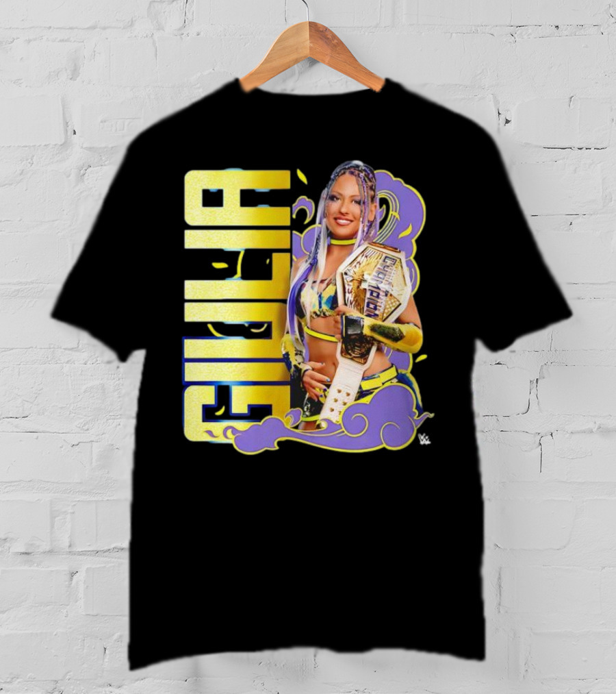 Giulia Smoke Champion Wrestling Character With Belt And Yellow Purple Accents T-Shirt