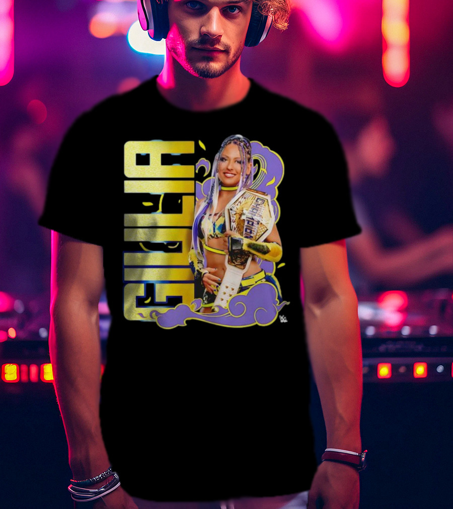 Giulia Smoke Champion Wrestling Character With Belt And Yellow Purple Accents T-Shirt