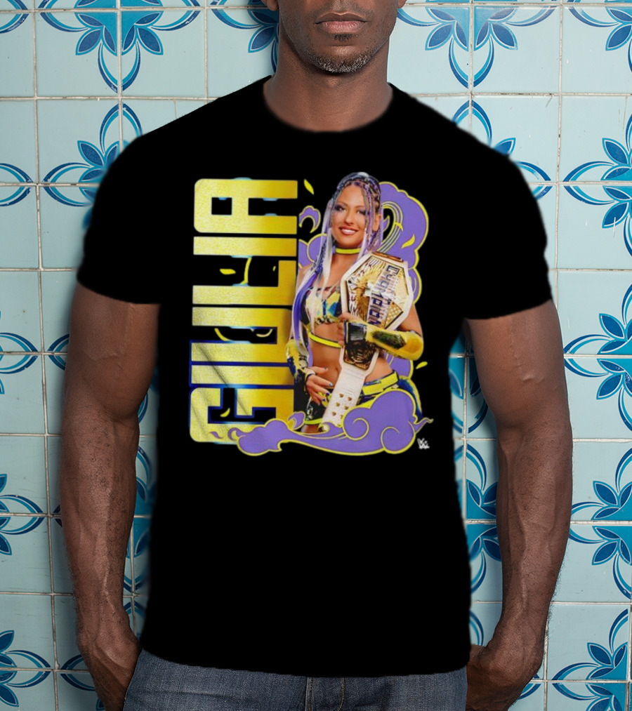 Giulia Smoke Champion Wrestling Character With Belt And Yellow Purple Accents T-Shirt