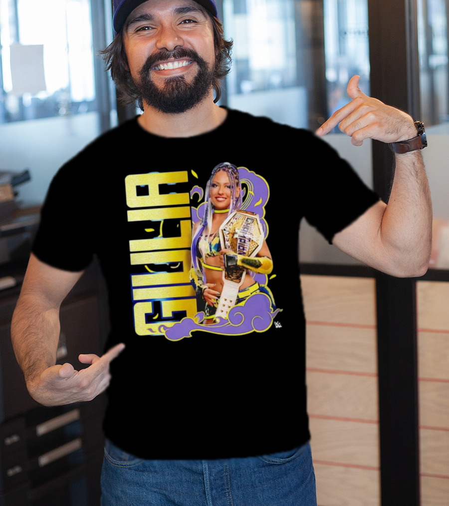 Giulia Smoke Champion Wrestling Character With Belt And Yellow Purple Accents T-Shirt