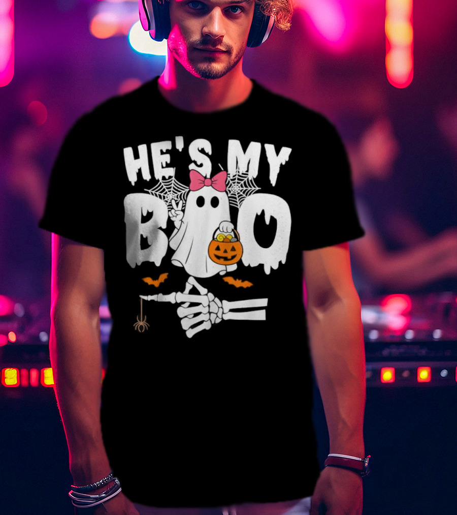 He’s My Boo Pink Bow Ghost With Pumpkin Candy Basket And Skeleton Hand Halloween T-Shirt