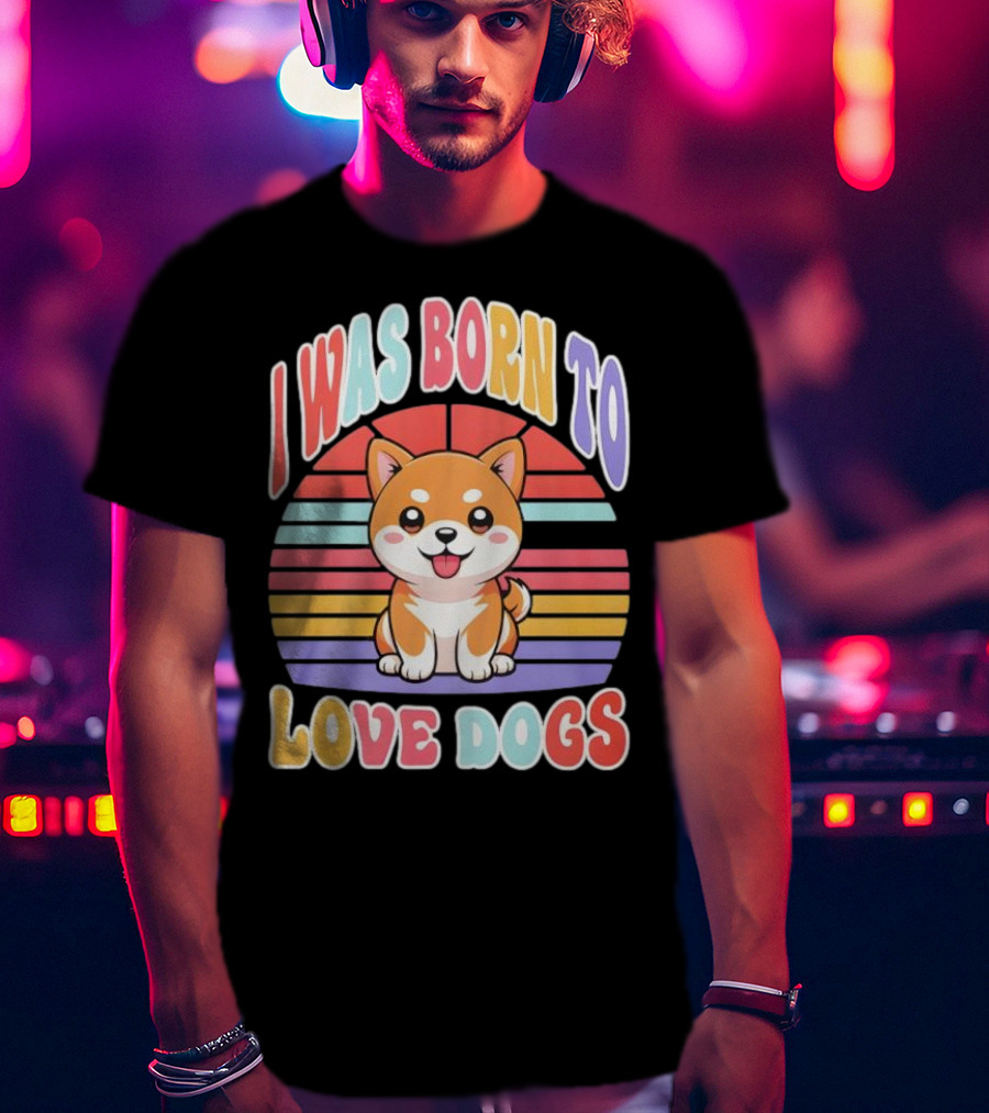 I Was Born To Love Dogs Cute Cartoon Shiba Inu Rainbow Colors T-Shirt