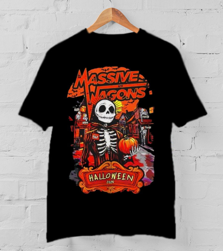 Massive Wagons Halloween 2023 Skeleton Pumpkin Spooky Street Scene T-Shirt
