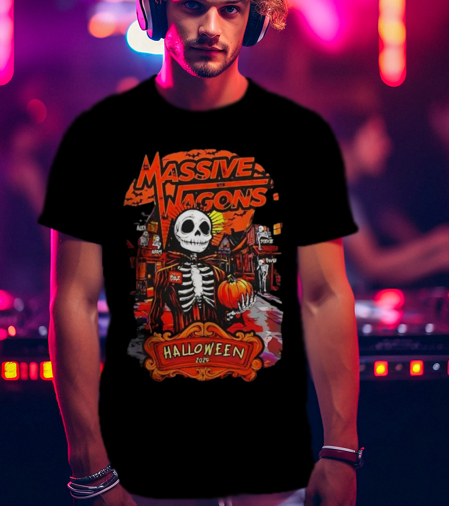 Massive Wagons Halloween 2023 Skeleton Pumpkin Spooky Street Scene T-Shirt