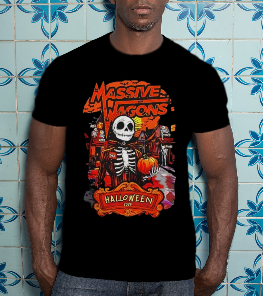 Massive Wagons Halloween 2023 Skeleton Pumpkin Spooky Street Scene T-Shirt