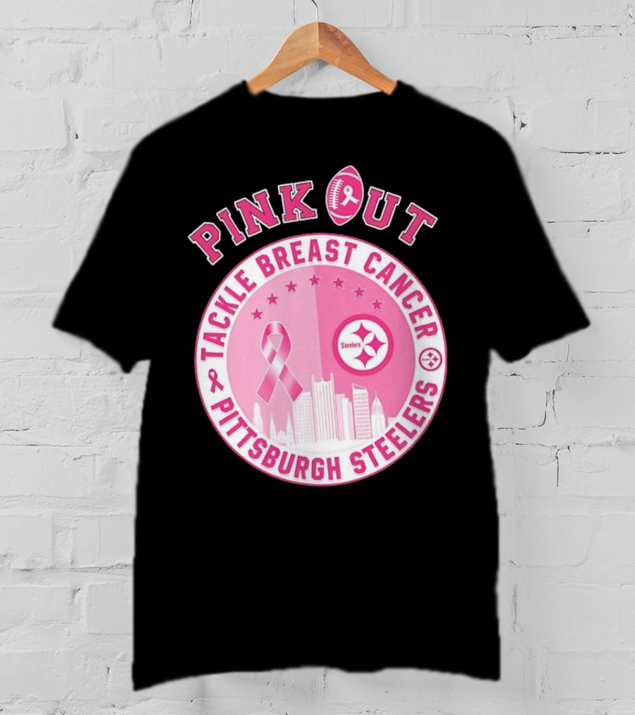 Pink Out Tackle Breast Cancer Pittsburgh Steelers Ribbon Awareness T-Shirt