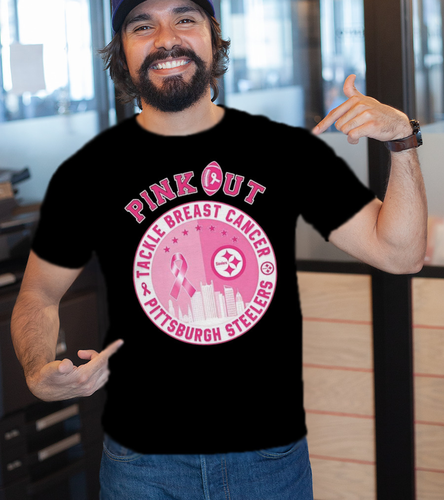 Pink Out Tackle Breast Cancer Pittsburgh Steelers Ribbon Awareness T-Shirt