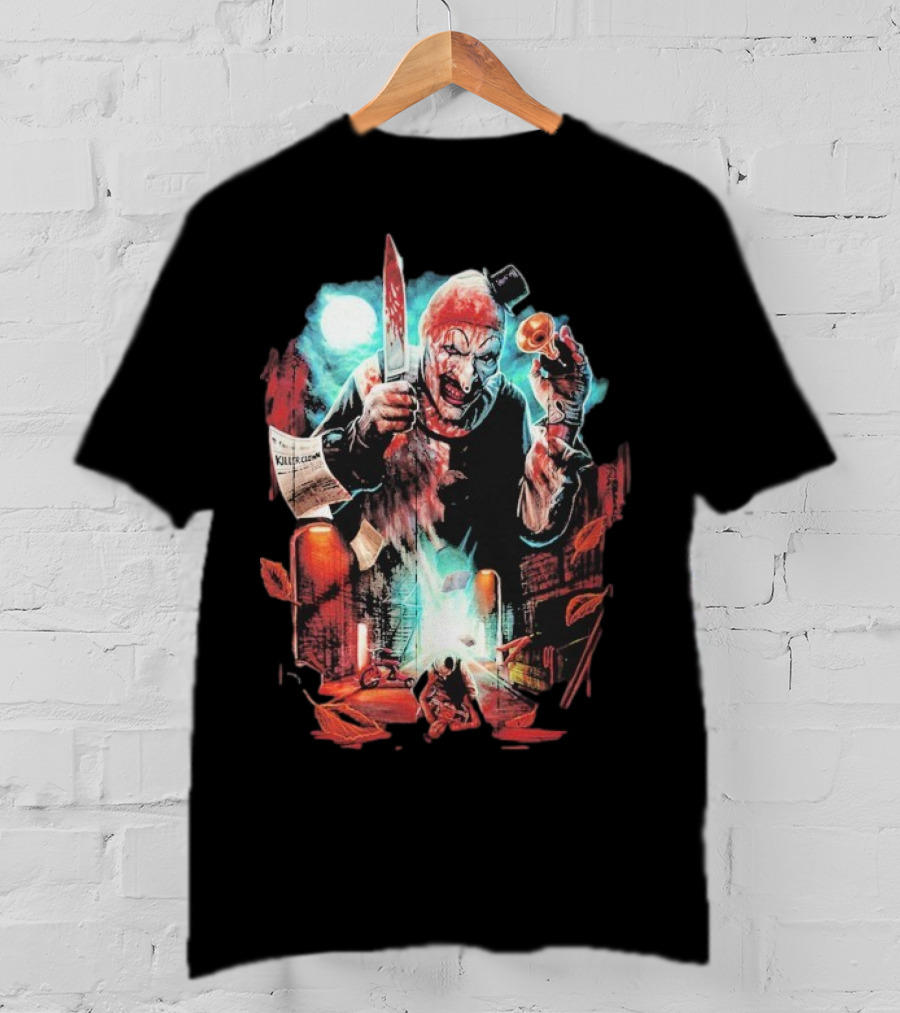 Terrifier Jokes On You Bloodstained Killer Clown With Knife And Newspaper T-Shirt