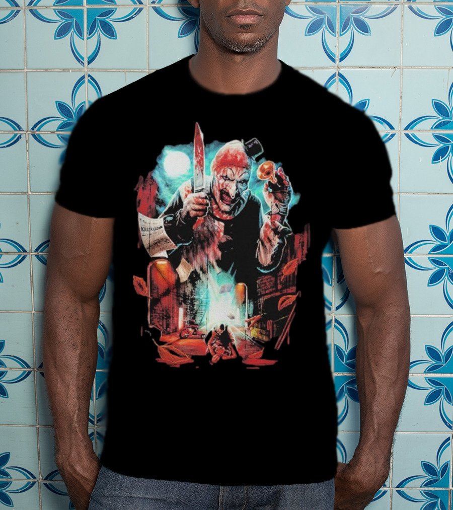 Terrifier Jokes On You Bloodstained Killer Clown With Knife And Newspaper T-Shirt