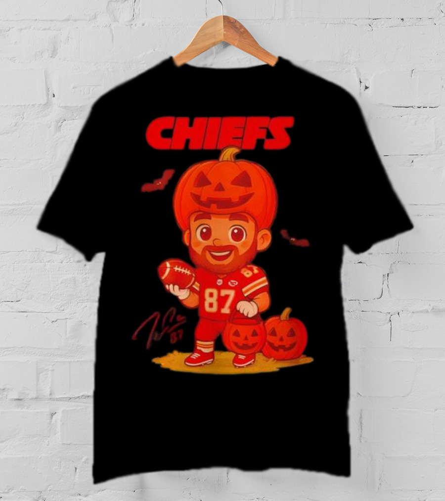Travis Kelce Kansas City Chiefs Halloween 2025 Pumpkin Football Player Costume 87 T-Shirt
