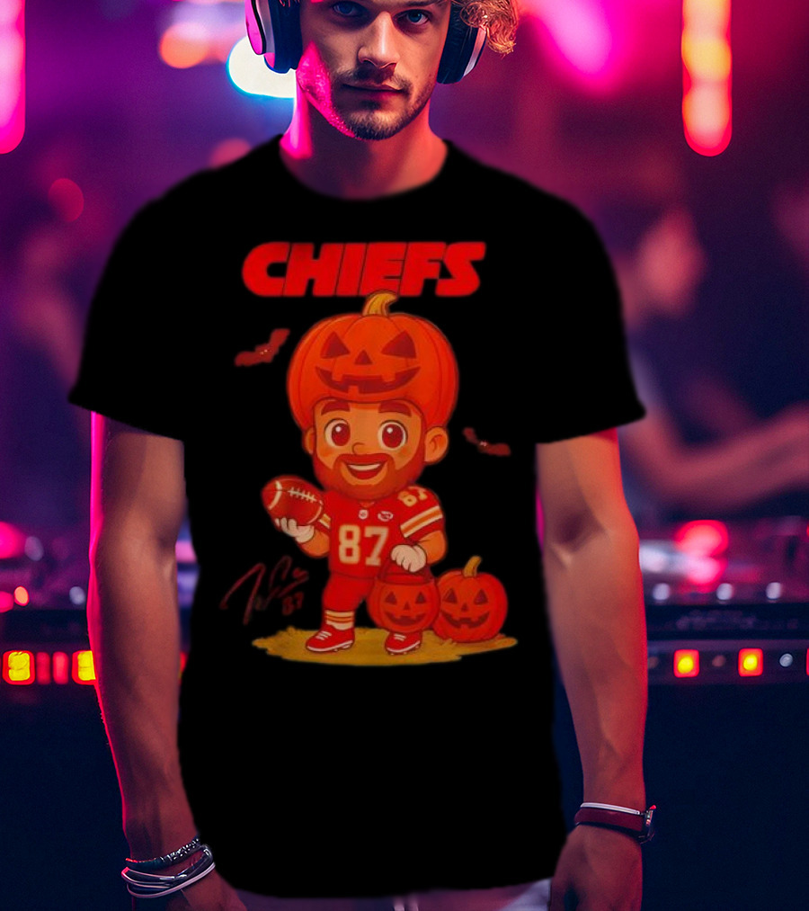 Travis Kelce Kansas City Chiefs Halloween 2025 Pumpkin Football Player Costume 87 T-Shirt