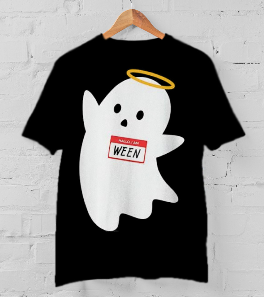 Hallo I Am Ween Ghost With Halo And Happy Halloween Name Tag T-Shirt