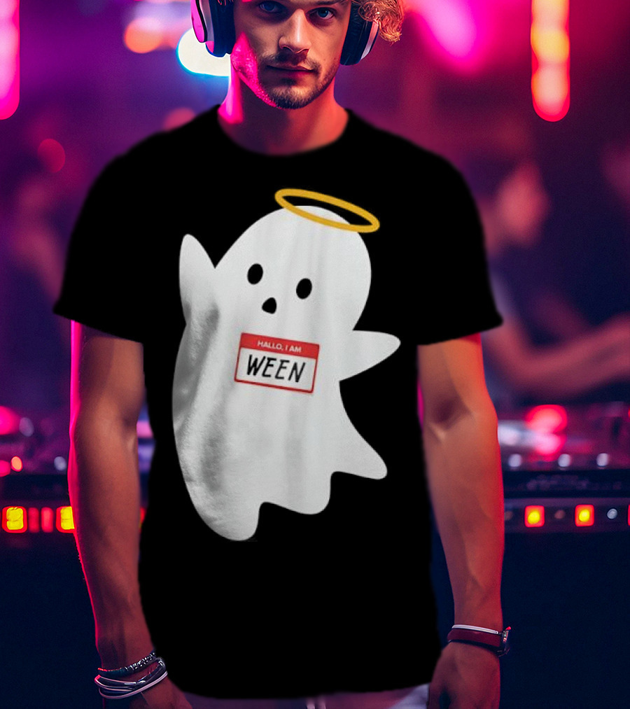 Hallo I Am Ween Ghost With Halo And Happy Halloween Name Tag T-Shirt