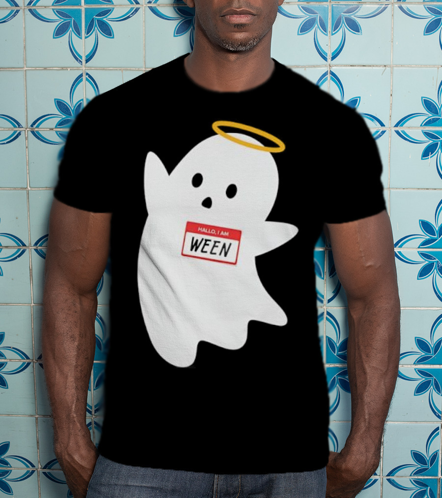 Hallo I Am Ween Ghost With Halo And Happy Halloween Name Tag T-Shirt