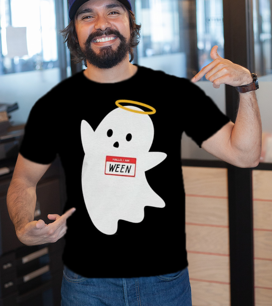 Hallo I Am Ween Ghost With Halo And Happy Halloween Name Tag T-Shirt