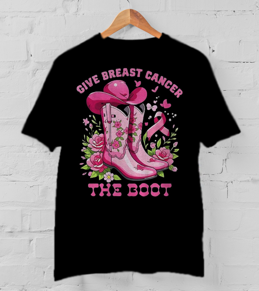 Vintage Pink Cowboy Boots Floral Breast Cancer Awareness T-Shirt