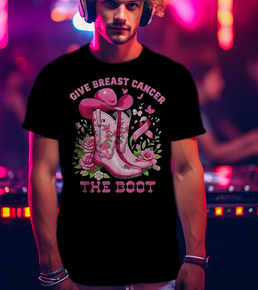 Vintage Pink Cowboy Boots Floral Breast Cancer Awareness T-Shirt