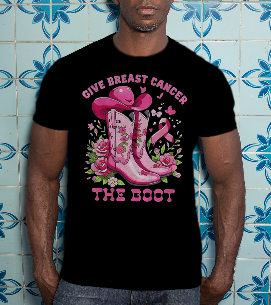 Vintage Pink Cowboy Boots Floral Breast Cancer Awareness T-Shirt