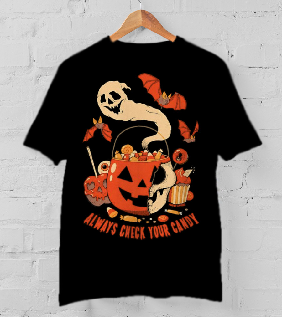 Halloween Always Check Your Candy Spooky Jack-O'-Lantern Ghost Bats And Sweets T-Shirt