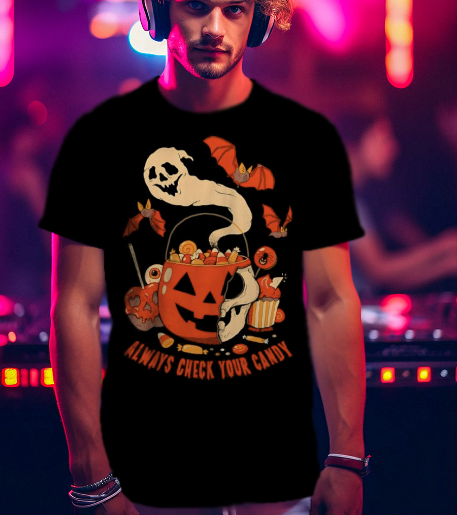 Halloween Always Check Your Candy Spooky Jack-O'-Lantern Ghost Bats And Sweets T-Shirt