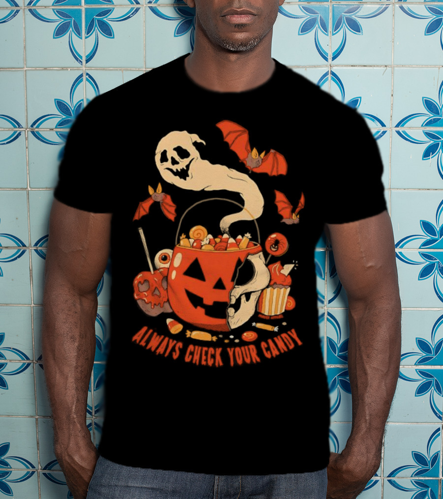 Halloween Always Check Your Candy Spooky Jack-O'-Lantern Ghost Bats And Sweets T-Shirt
