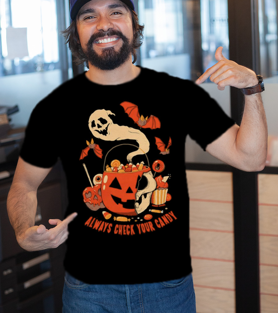 Halloween Always Check Your Candy Spooky Jack-O'-Lantern Ghost Bats And Sweets T-Shirt