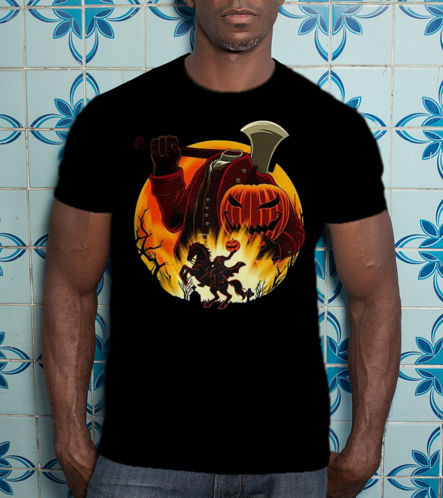 Headless Horseman Galloping Hessian Pumpkin Halloween Axe Rider T-Shirt