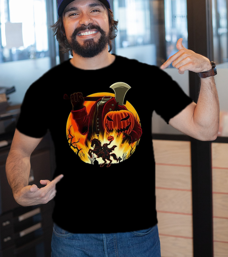 Headless Horseman Galloping Hessian Pumpkin Halloween Axe Rider T-Shirt