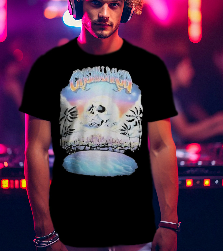 Laura Redman Club Casablanca Skull Palm Trees Sunset Coastal Scene T-Shirt