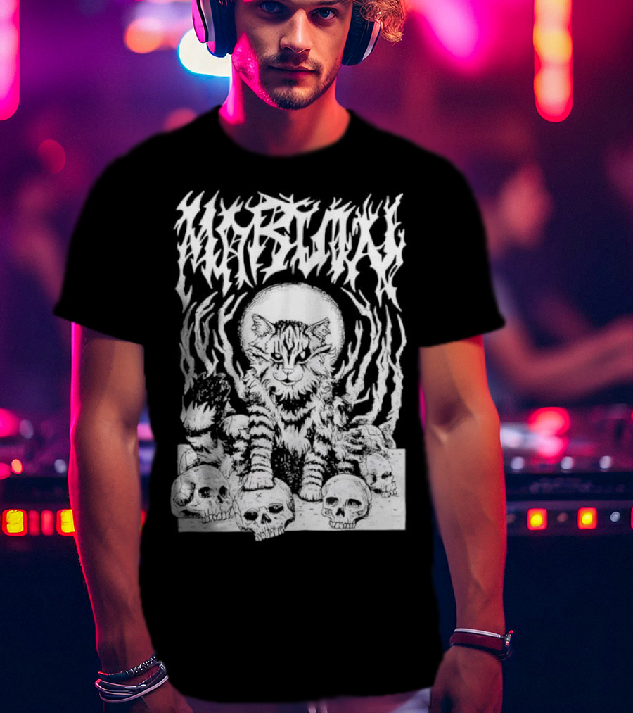 Metal Marvin Skull Cat By Beefaroni Flame Design T-Shirt