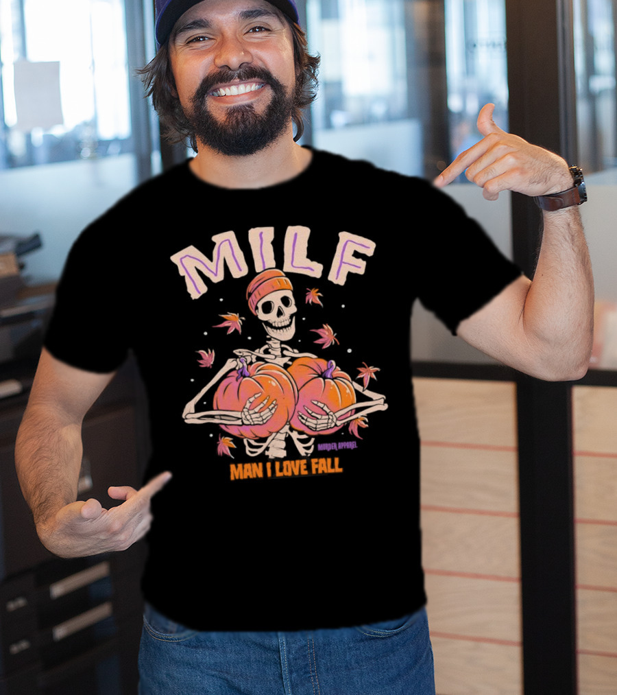 MILF Skeleton Man I Love Fall Pumpkins Leaves Vintage Halloween T-Shirt