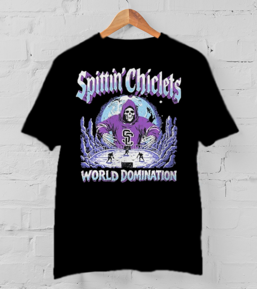 Spittin Chiclets Grim Reaper Hockey World Domination Moon T-Shirt