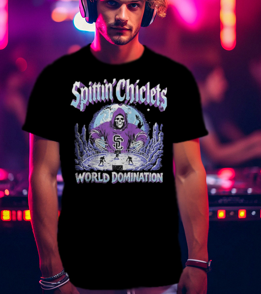 Spittin Chiclets Grim Reaper Hockey World Domination Moon T-Shirt
