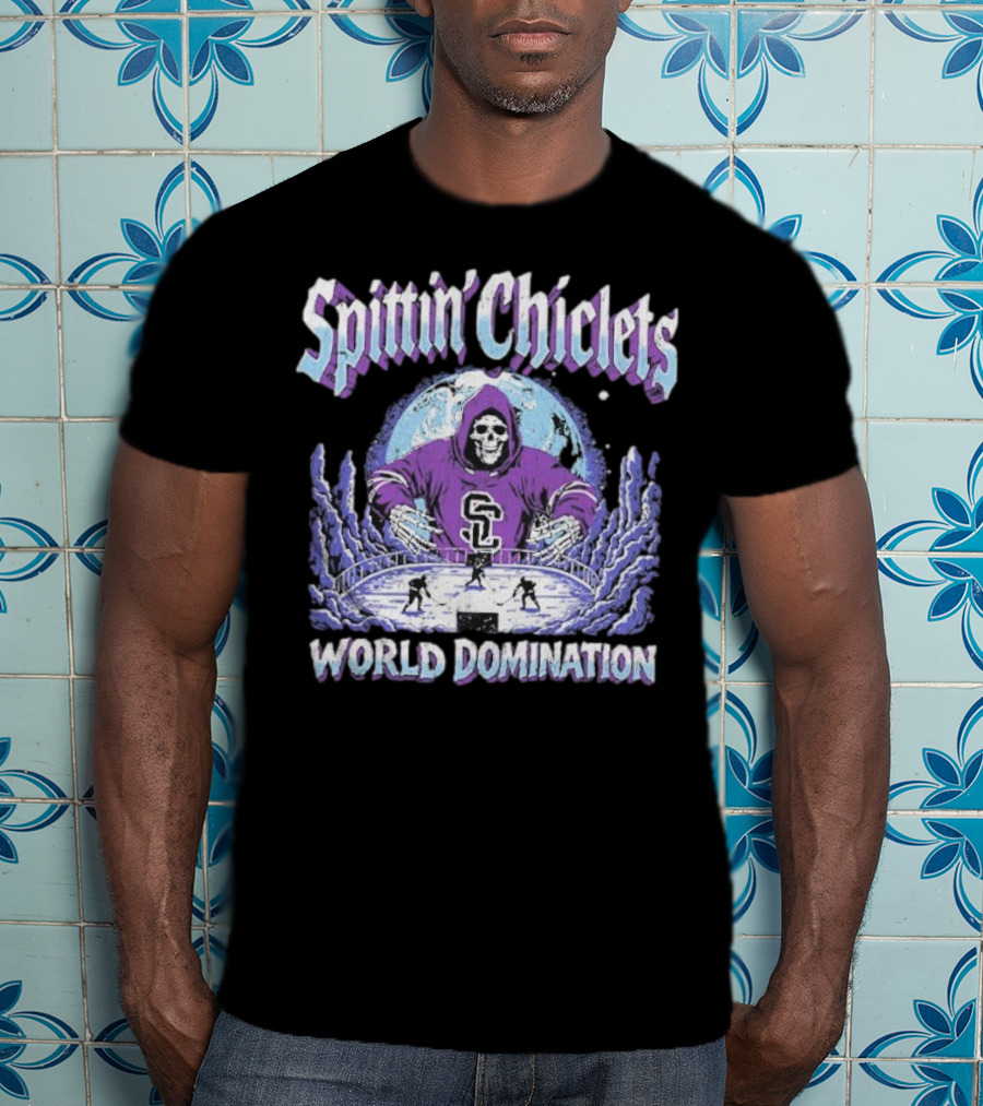 Spittin Chiclets Grim Reaper Hockey World Domination Moon T-Shirt