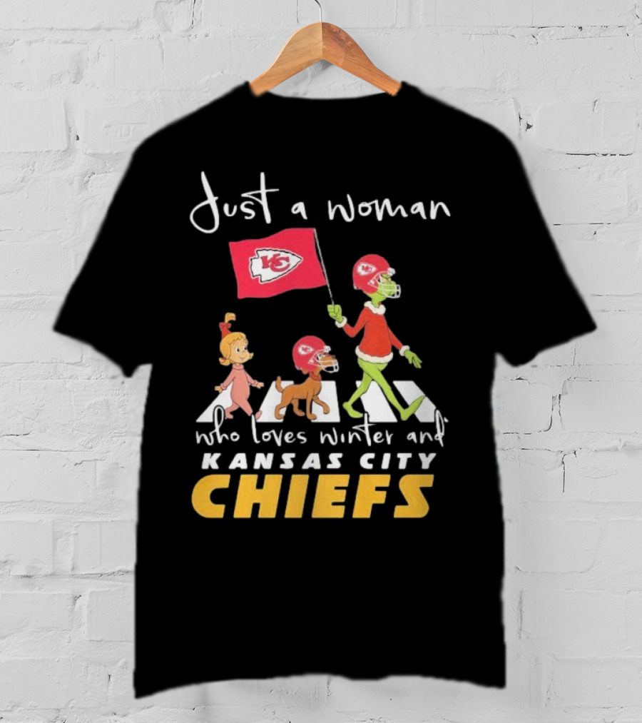 Just A Woman Who Loves Winter And Kansas City Chiefs Abbey Road T-Shirt