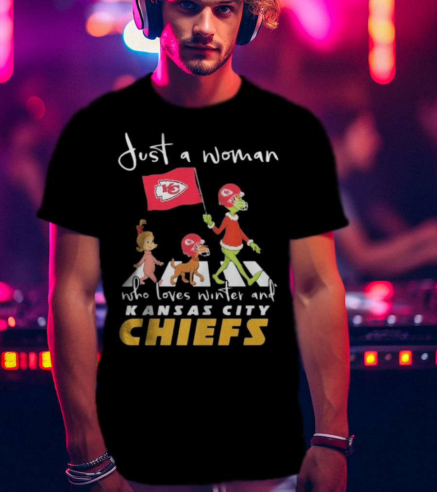 Just A Woman Who Loves Winter And Kansas City Chiefs Abbey Road T-Shirt