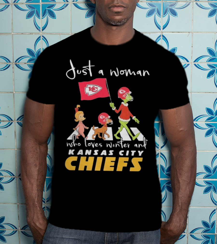 Just A Woman Who Loves Winter And Kansas City Chiefs Abbey Road T-Shirt