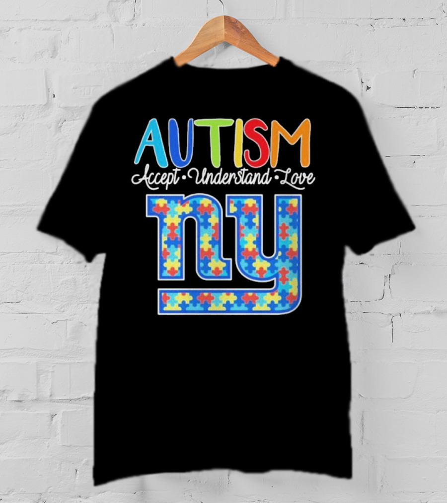 Autism Accept Understand Love NY Giants Puzzle Piece Pattern T-Shirt