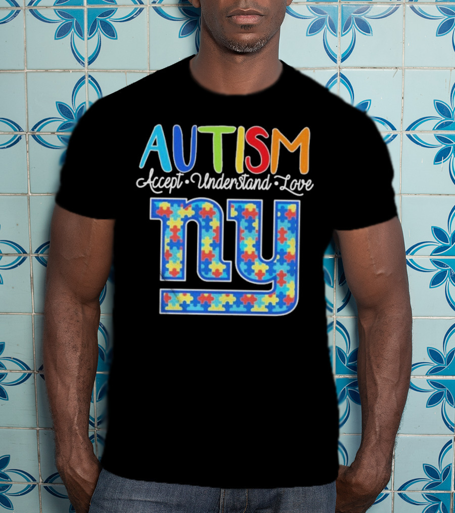 Autism Accept Understand Love NY Giants Puzzle Piece Pattern T-Shirt
