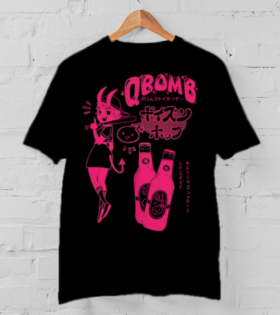 Qbomb Poison Pop Anime Demon Girl Japanese Text Retro Soda Bottles T-Shirt