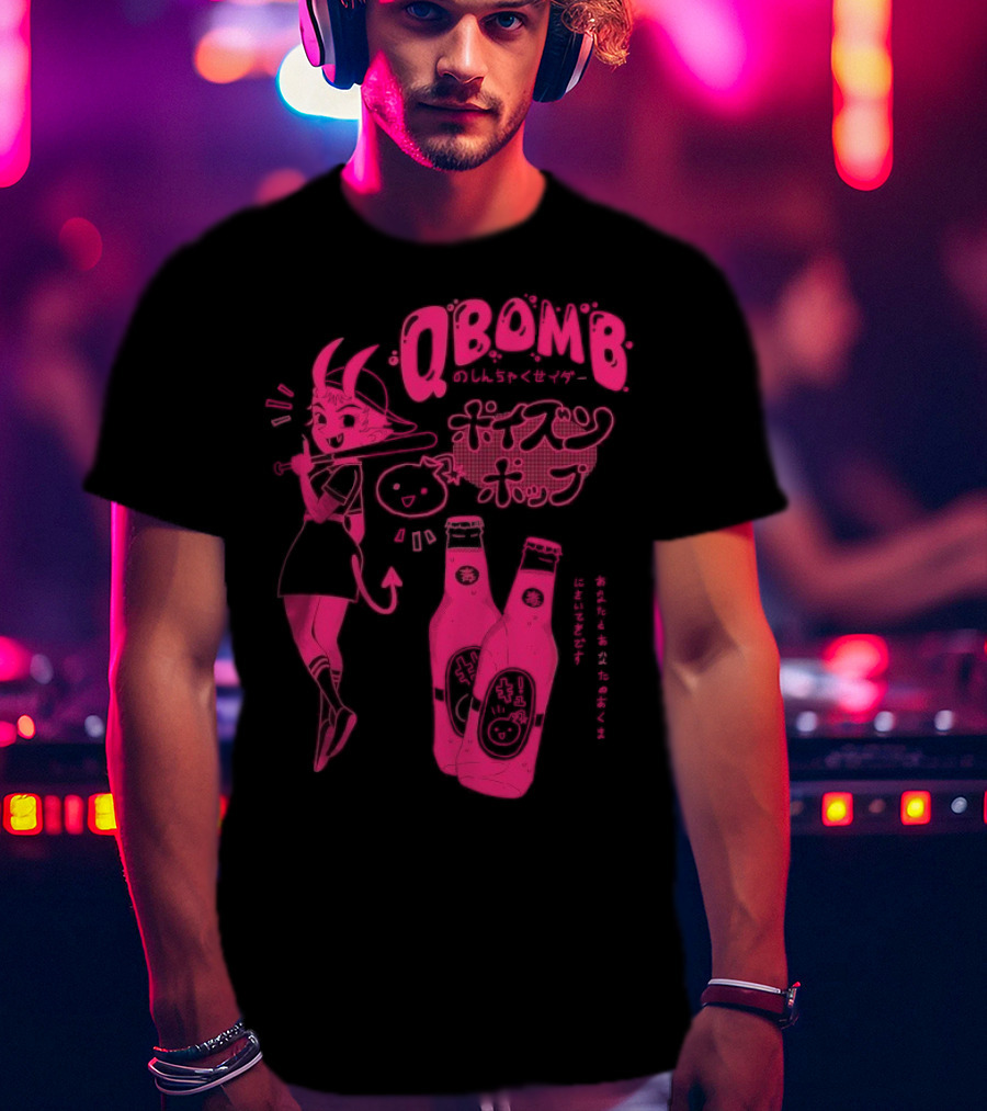 Qbomb Poison Pop Anime Demon Girl Japanese Text Retro Soda Bottles T-Shirt