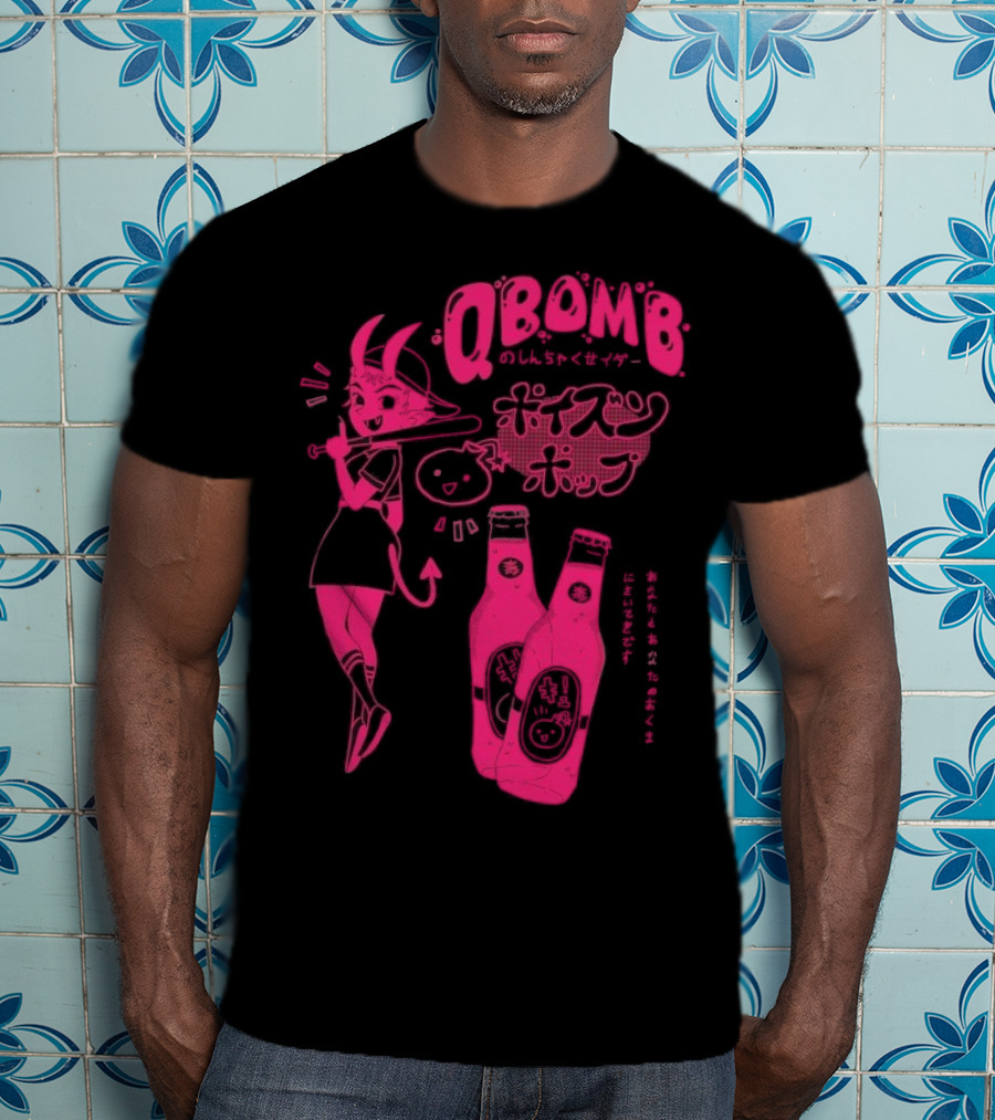 Qbomb Poison Pop Anime Demon Girl Japanese Text Retro Soda Bottles T-Shirt