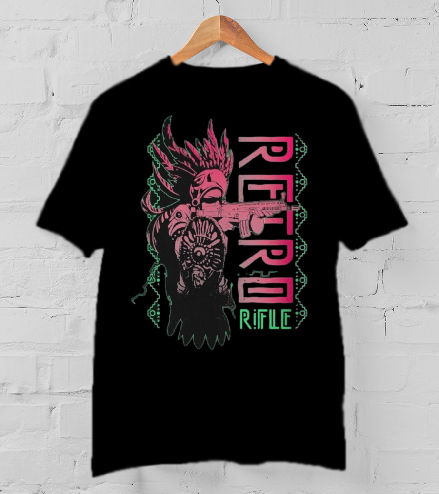 Retro Rifle Aztec Warrior Art Green Pink Feather Pattern T-Shirt