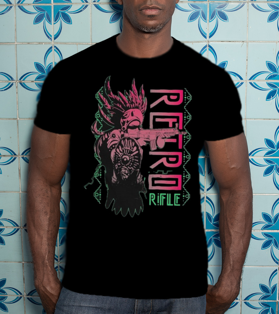 Retro Rifle Aztec Warrior Art Green Pink Feather Pattern T-Shirt