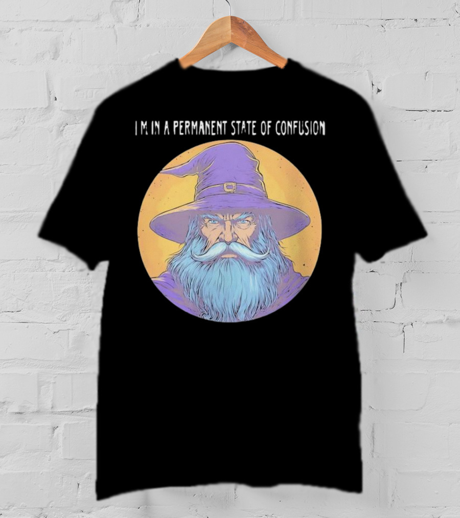 Wizard Magic I'm In A Permanent State Of Confusion Purple Hat Mystic Illustration T-Shirt