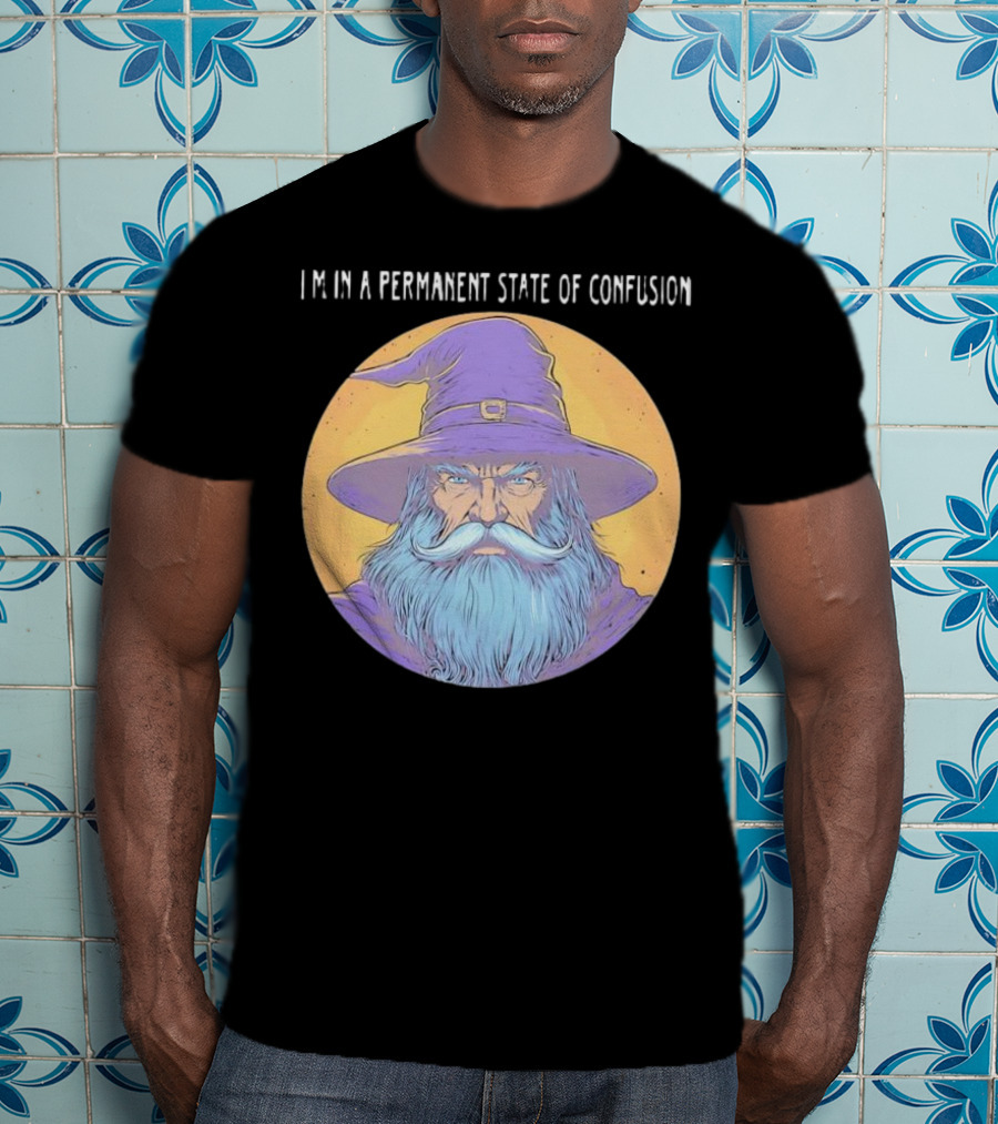 Wizard Magic I'm In A Permanent State Of Confusion Purple Hat Mystic Illustration T-Shirt