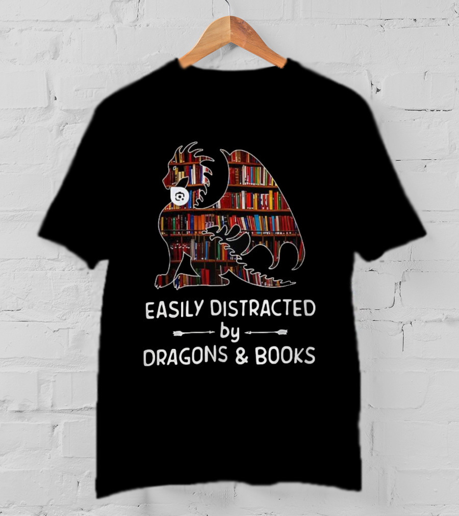 Easily Distracted By Dragons & Books Library Collage T-Shirt