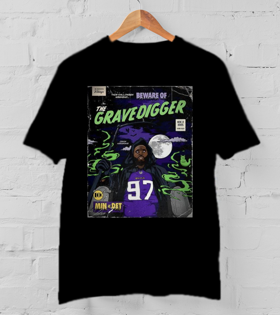 Minnesota Vikings Vs Detroit Lions 2025 Beware Of The Gravedigger Javon Hargrave Comic T-Shirt
