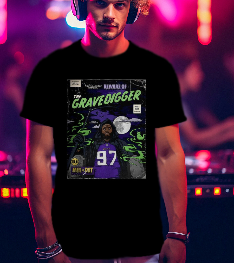 Minnesota Vikings Vs Detroit Lions 2025 Beware Of The Gravedigger Javon Hargrave Comic T-Shirt